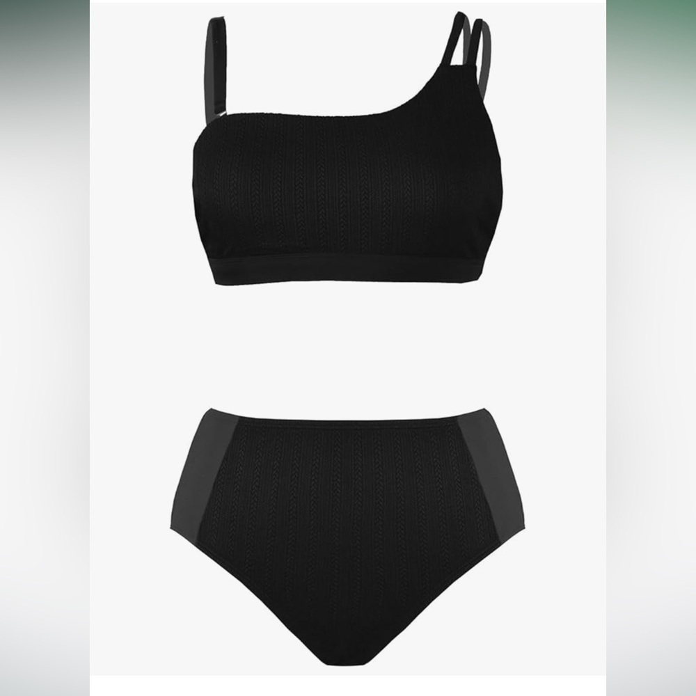 Cupshe Black High-Waist Ribbed Bikini Set